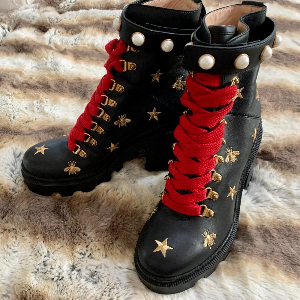 Gucci Gold Bee Accent Pearl-Like Embellishments Combat Boots (New) - Size 38 EUR